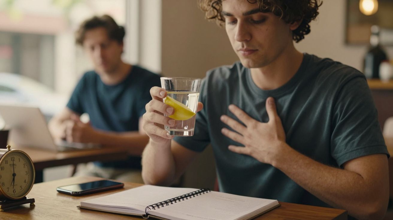 Homem sentado num café com um copo de água, caderno aberto à frente e uma expressão pensativa, mão no peito.