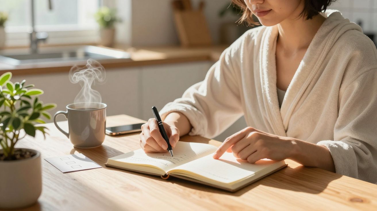 Mulher escreve em caderno numa mesa de madeira com chávena de café ao lado, luz natural ao fundo.