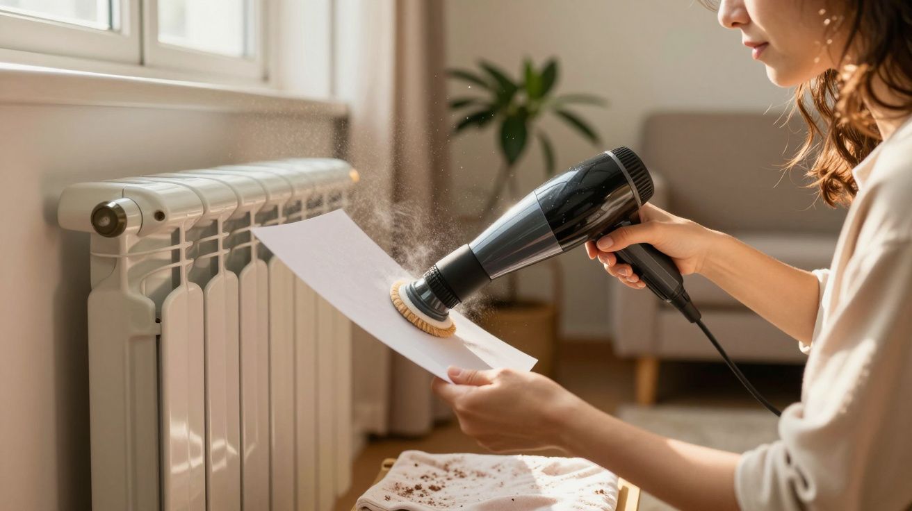 Mulher segura secador de cabelo a soprar sobre um papel em frente a um aquecedor, com uma planta ao fundo.