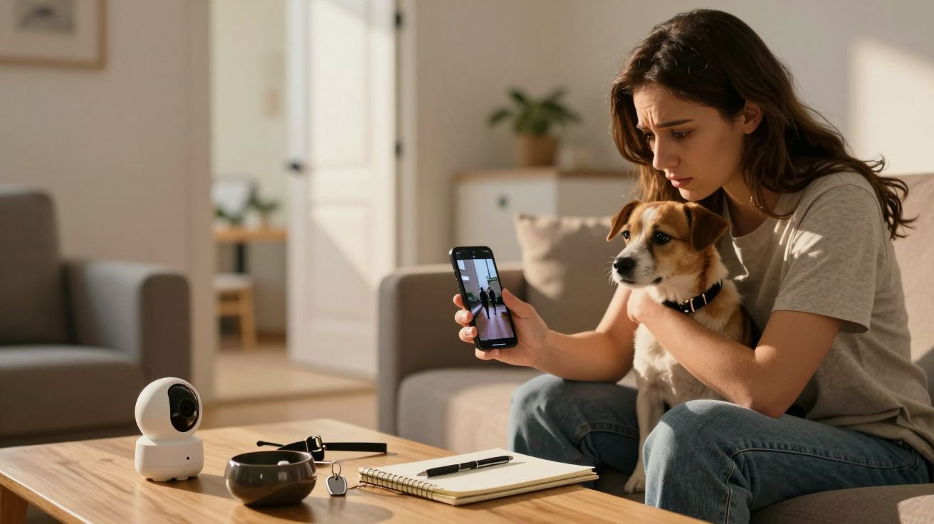 Mulher segurando um cãozinho, olhando para o telemóvel, com câmaras de segurança sobre a mesa na sala de estar.