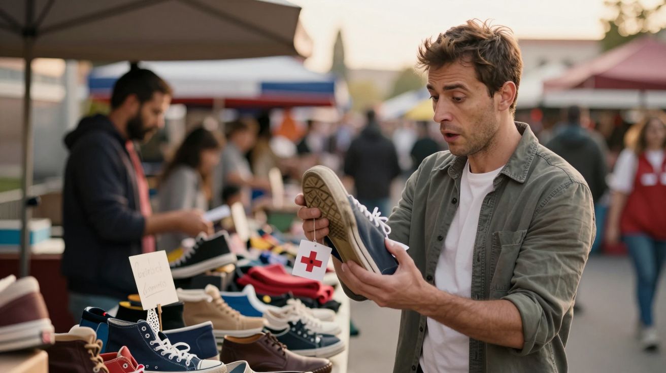 Homem olhando espantado para sapato azul num mercado ao ar livre, com várias pessoas ao fundo.