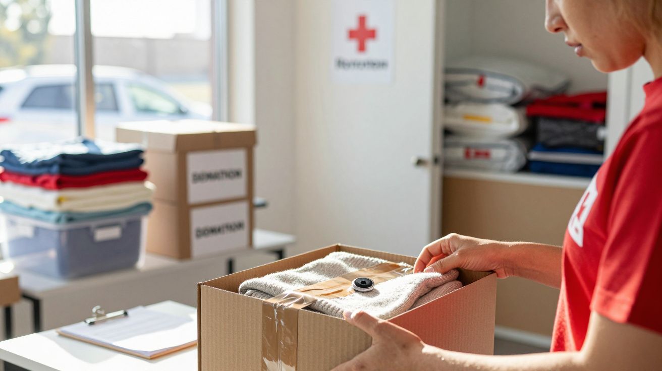 Voluntário embala roupas numa caixa de doações, com pilhas de roupa e caixas ao fundo, num centro de caridade.
