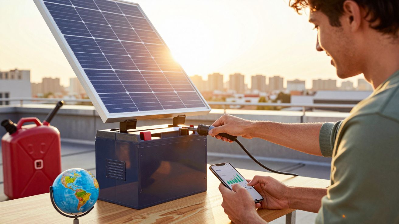 Homem num telhado conecta painel solar a bateria, verifica dados no telemóvel; globo e jerrican ao fundo.