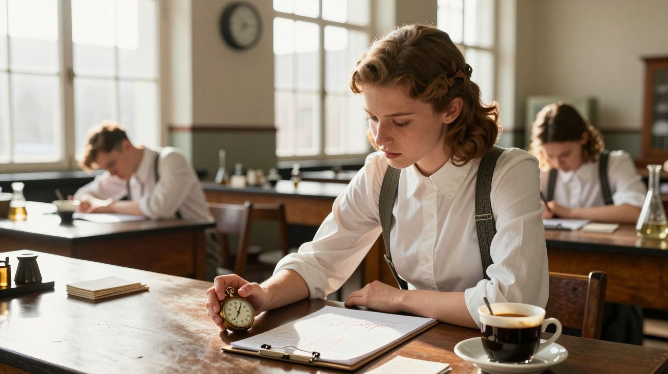 Jovem num laboratório, concentrada a olhar para um cronómetro sobre a mesa com chá, enquanto outros escrevem ao fundo.