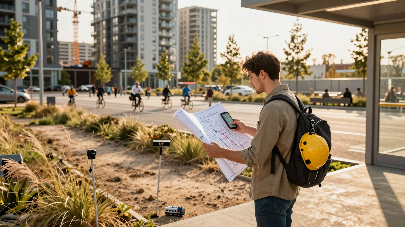 Homem com capacete e mapa, junto a edifícios e ciclistas em movimento, consulta o telemóvel numa zona urbana.