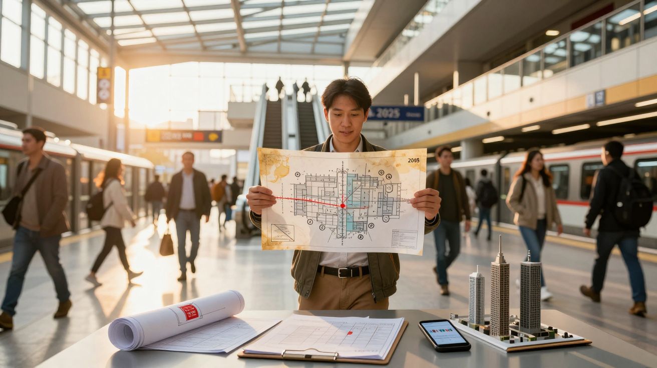 Homem segurando mapa de arquitetura numa plataforma de estação de comboios, com pessoas e maquetes em destaque.