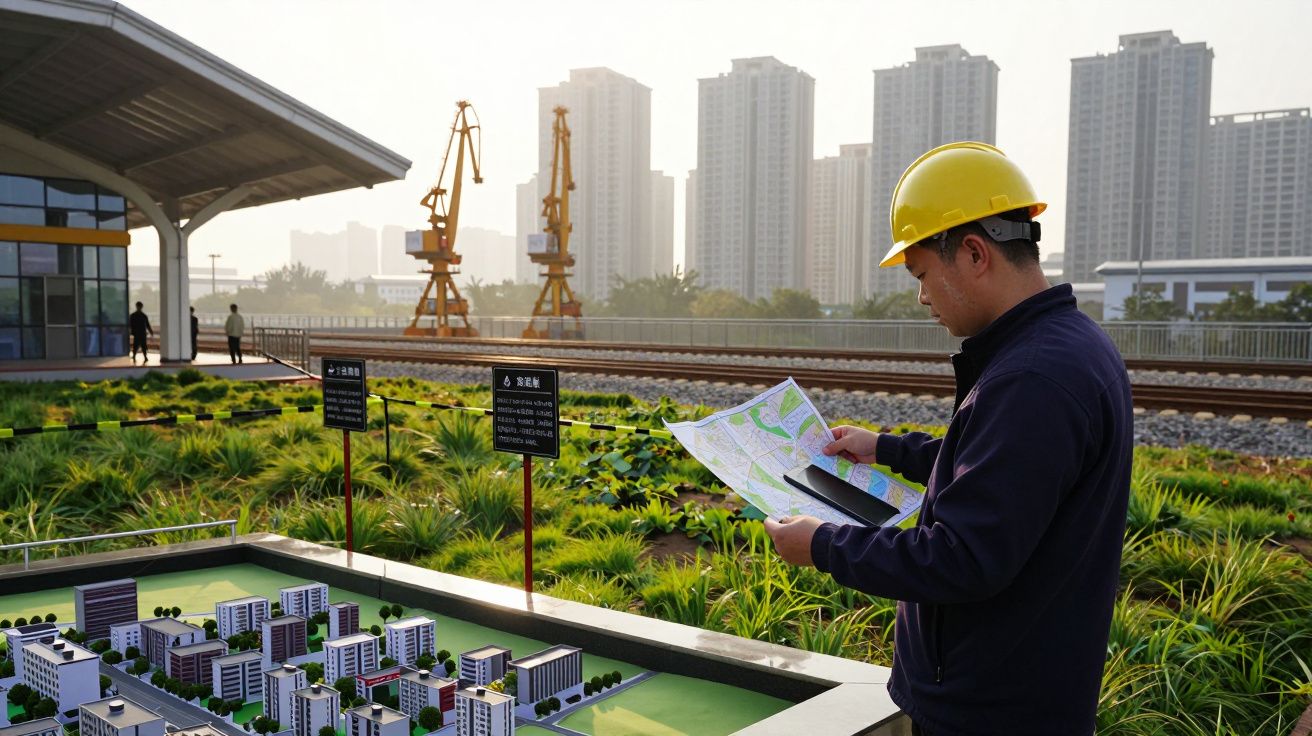 Homem com capacete amarelo analisa mapa em maquete urbana diante de linha férrea e prédios ao fundo.