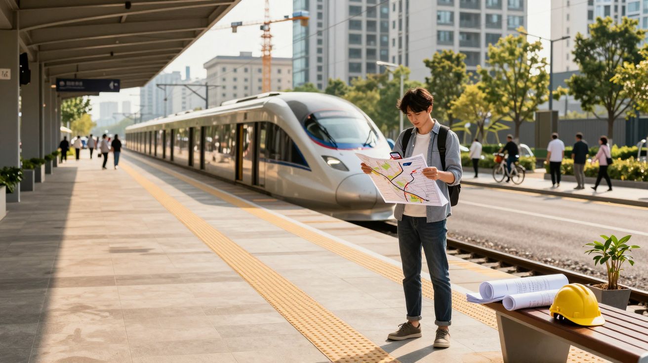 Homem num cais de estação examina mapa ao lado de comboio moderno; capacete e planos sobre o banco.