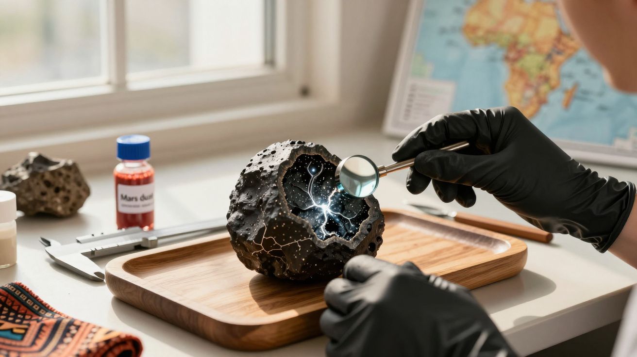 Pessoa analisa meteorito com lupa; sobre a mesa, frasco de pó marciano, mapa e ferramentas científicas.