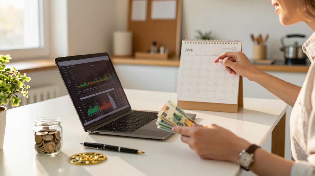 Pessoa segura notas ao verificar calendário e laptop com gráficos no ecrã, numa secretária com moedas e caneta.