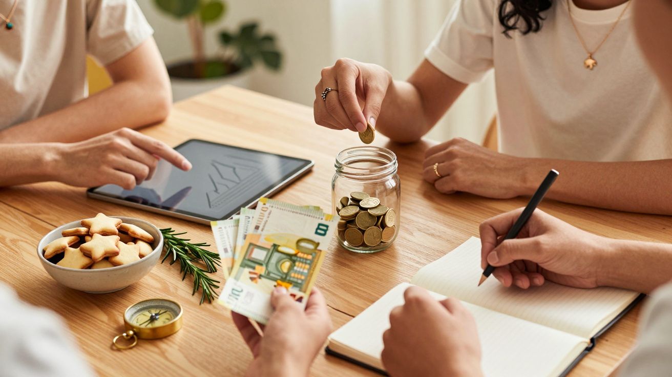 Três pessoas discutem orçamento. Uma escreve, outra usa tablet, e a terceira coloca moedas em frasco.