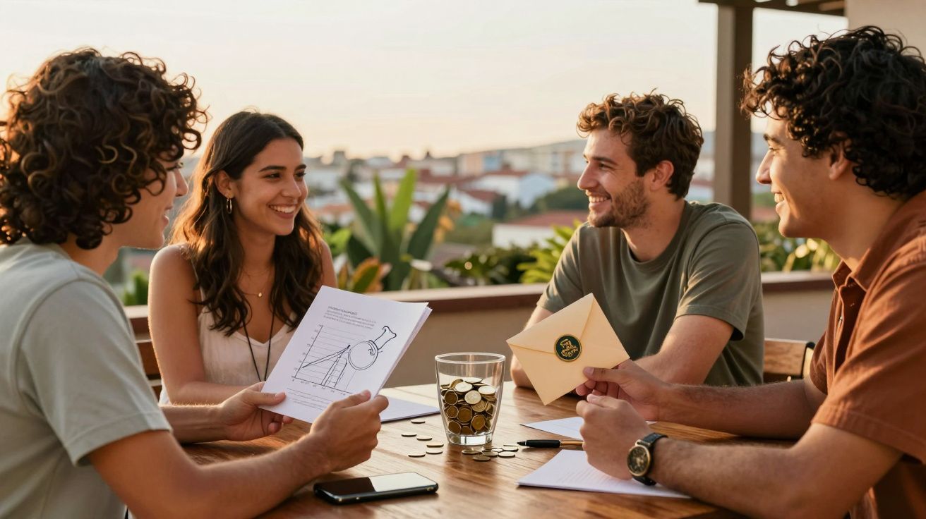 Quatro pessoas sorridentes a trabalhar em grupo numa mesa ao ar livre, com documentos e um computador.