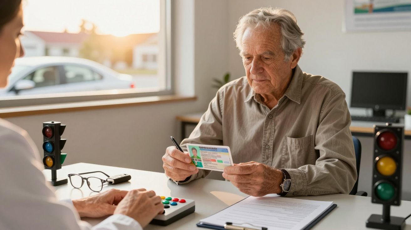 Idoso consulta documento numa sala com simulador de semáforo e botões coloridos. Pessoa ao lado segura uma caneta.