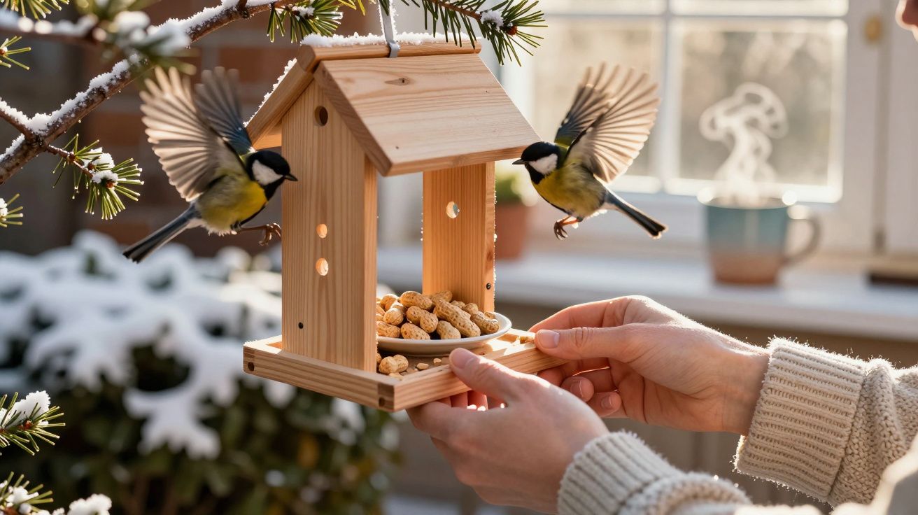 Duas aves a voar em direção a um alimentador de pássaros de madeira, cheio de amendoins, segurado por mãos humanas.