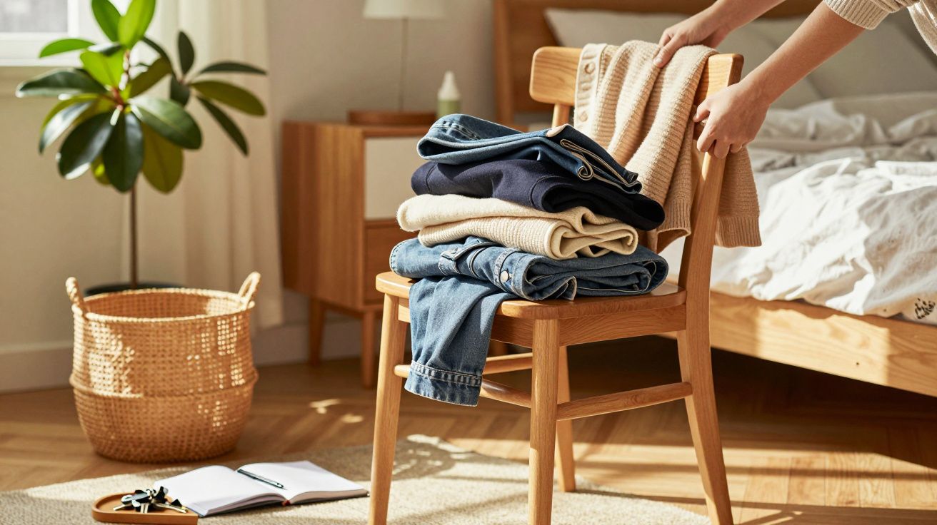 Pessoa a organizar roupas numa cadeira de madeira num quarto iluminado.