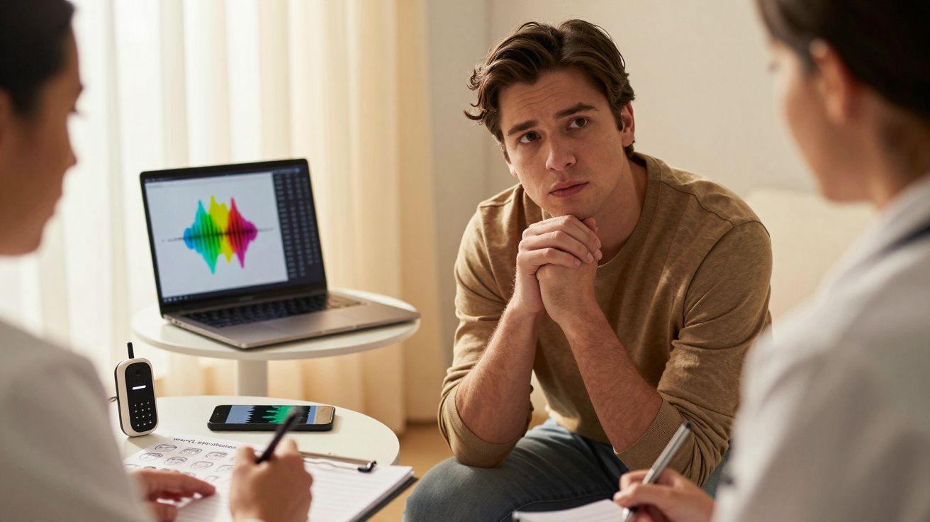 Homem sentado perante duas pessoas com cadernos, computador com ondas sonoras coloridas ao fundo.