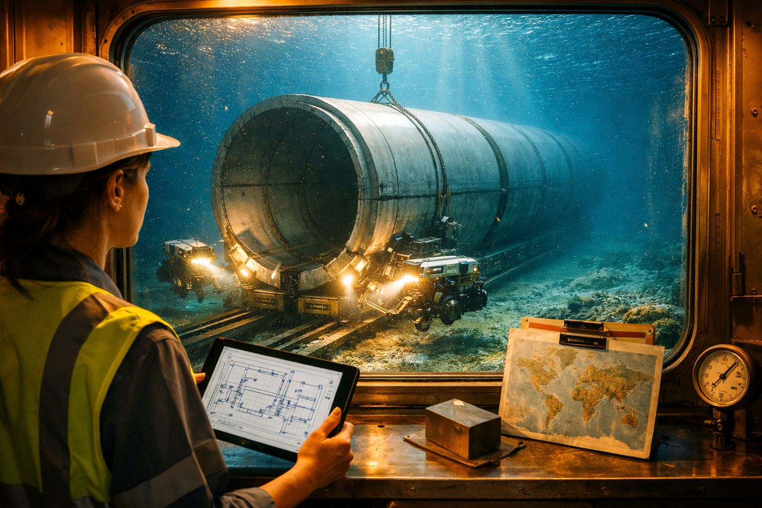 Engenheiro de capacete e colete aponta para plataforma offshore no mar, com equipamento de elevação em primeiro plano.