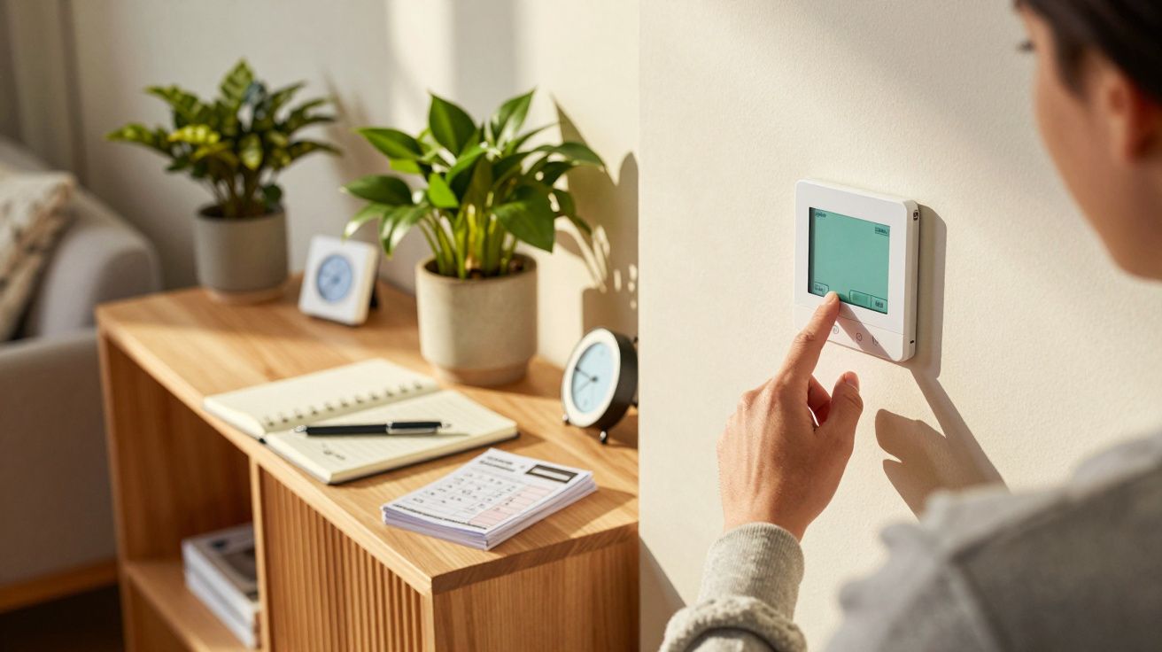 Pessoa ajusta termostato numa parede, junto a móveis com plantas e relógios.