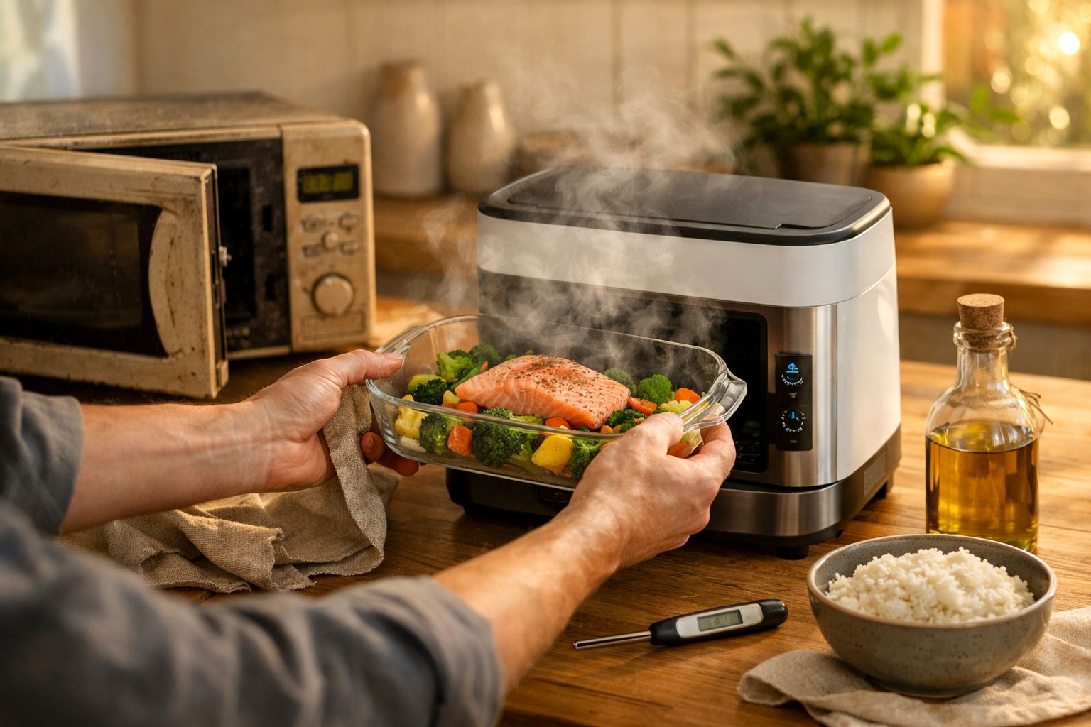 Pessoa a colocar comida num mini forno numa cozinha moderna com micro-ondas e pratos de salada e vegetais.