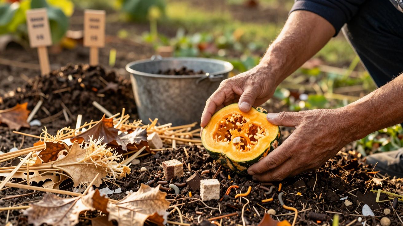 Pessoa segura metade de uma abóbora sobre a terra num jardim, rodeada de folhas secas e palha.