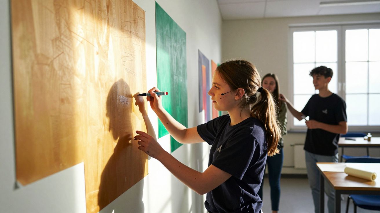 Estudantes desenham em papel na parede de uma sala de aula iluminada pelo sol.