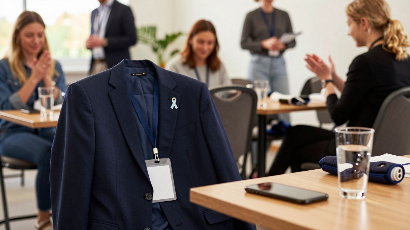 Casaco azul com crachá pendurado numa cadeira, enquanto pessoas ao fundo aplaudem numa sala de reuniões.
