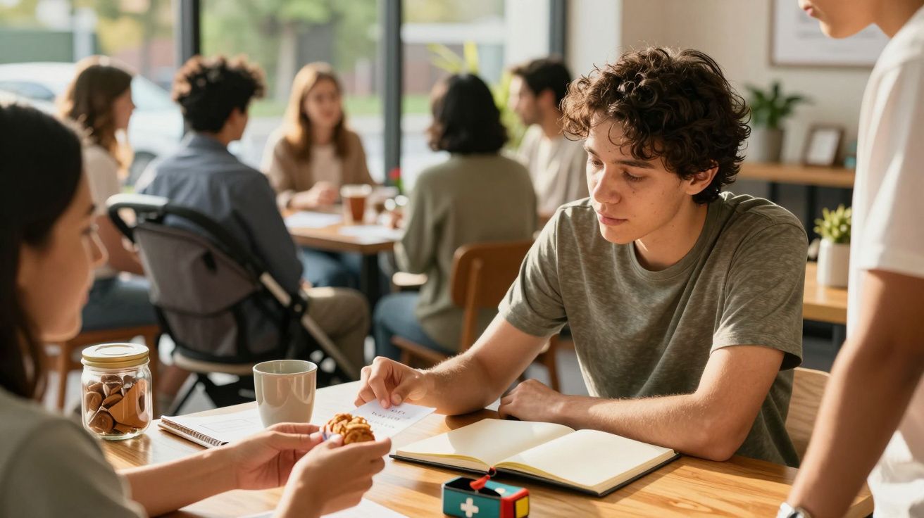 Jovens num café conversam em torno de uma mesa, com chávenas e cadernos, ao fundo mais pessoas interagem.