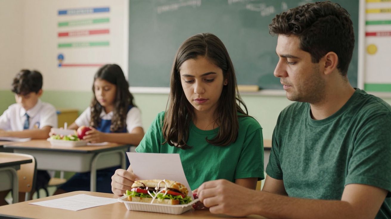 Alunos numa sala de aula, um rapaz e uma rapariga a analisarem um documento e uma caixa de hambúrguer.
