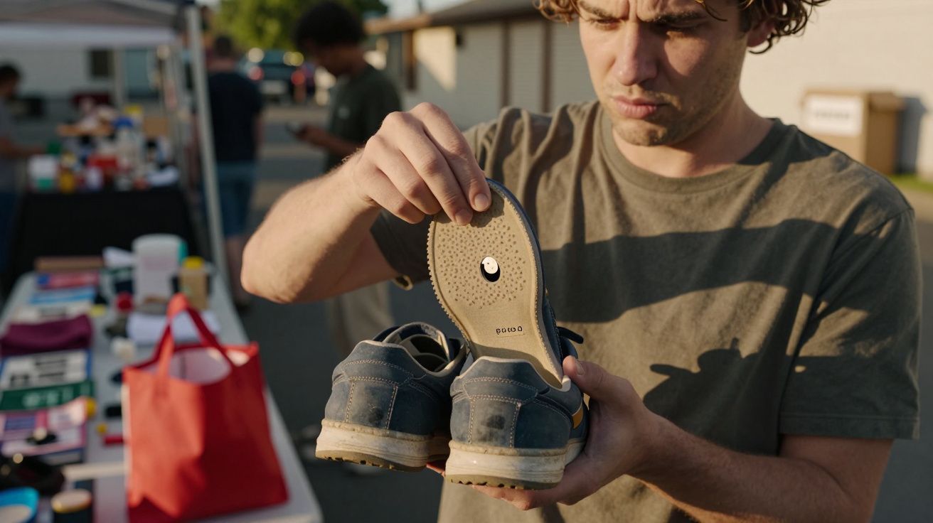 Homem examinando o solado de um par de sapatos usados ao ar livre, com mesa de objetos ao fundo.