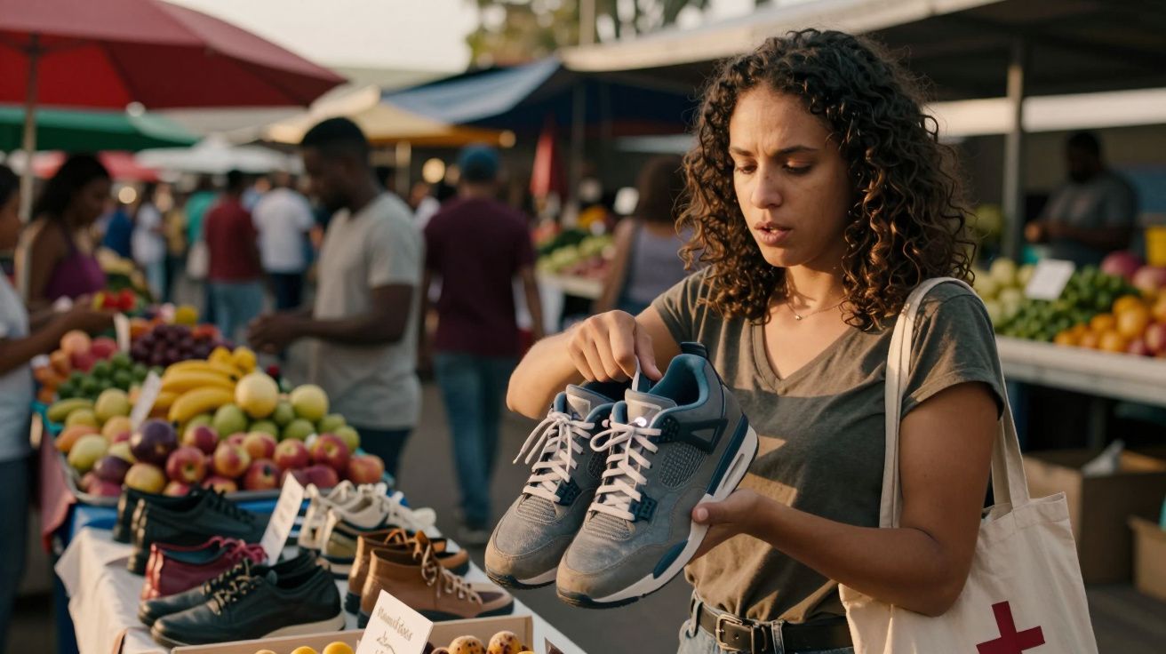Mulher em mercado ao ar livre examinando ténis cinzentos, rodeada por frutas e outros calçados em exposição.