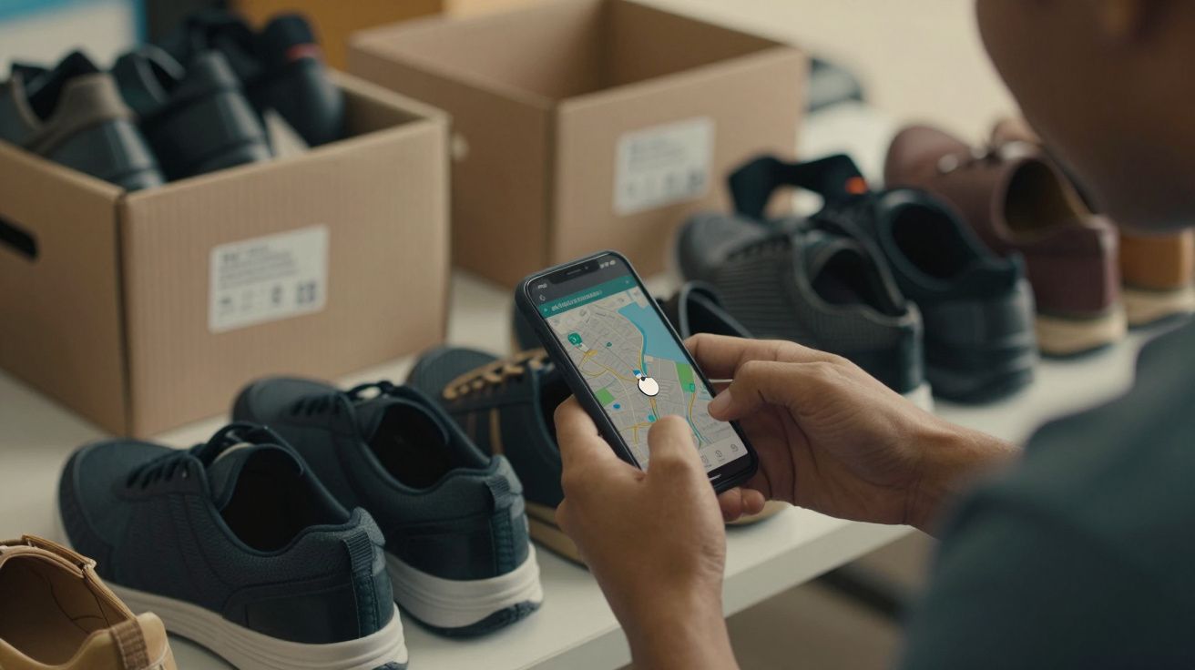 Pessoa segura telemóvel com mapa, em frente a vários pares de sapatos expostos numa loja.