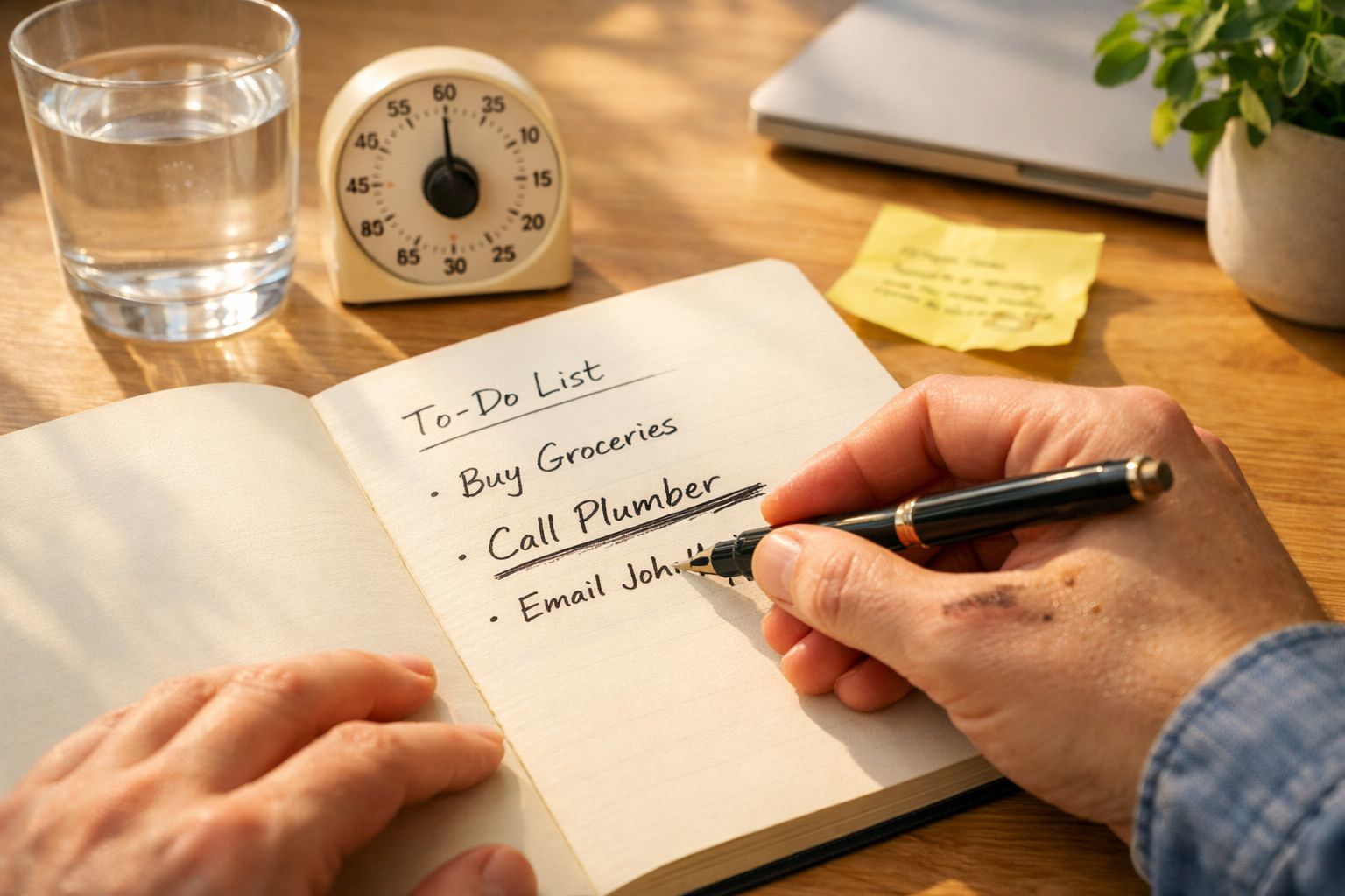 Mão escrevendo numa agenda com uma caneta preta; ao lado, um despertador e uma caneta amarela fluorescente.