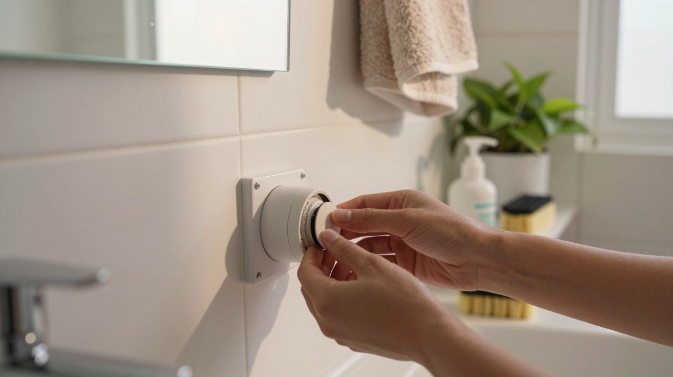 Mãos ajustando termostato na parede de uma casa de banho com planta e toalha visíveis ao fundo.