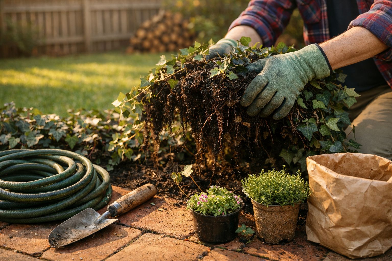 Pessoa em luvas jardinando, plantando mudas em canteiro ao lado de tesoura de poda e saco.