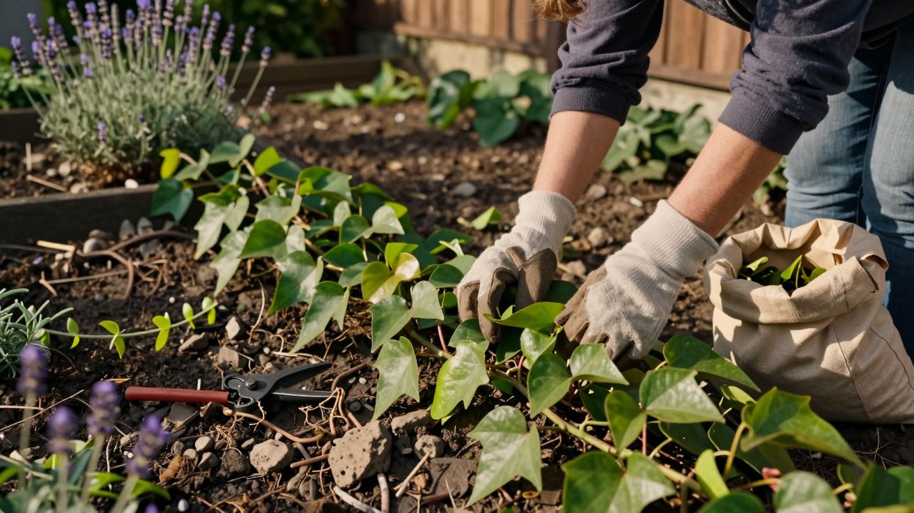 Pessoa a cuidar de plantas no jardim, usando luvas. Tesoura de poda e saco de estopa visíveis no solo.