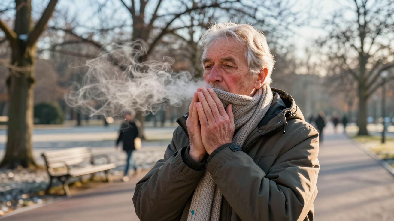 Homem idoso de cachecol e casaco a aquecer as mãos com vapor pela boca num parque frio.