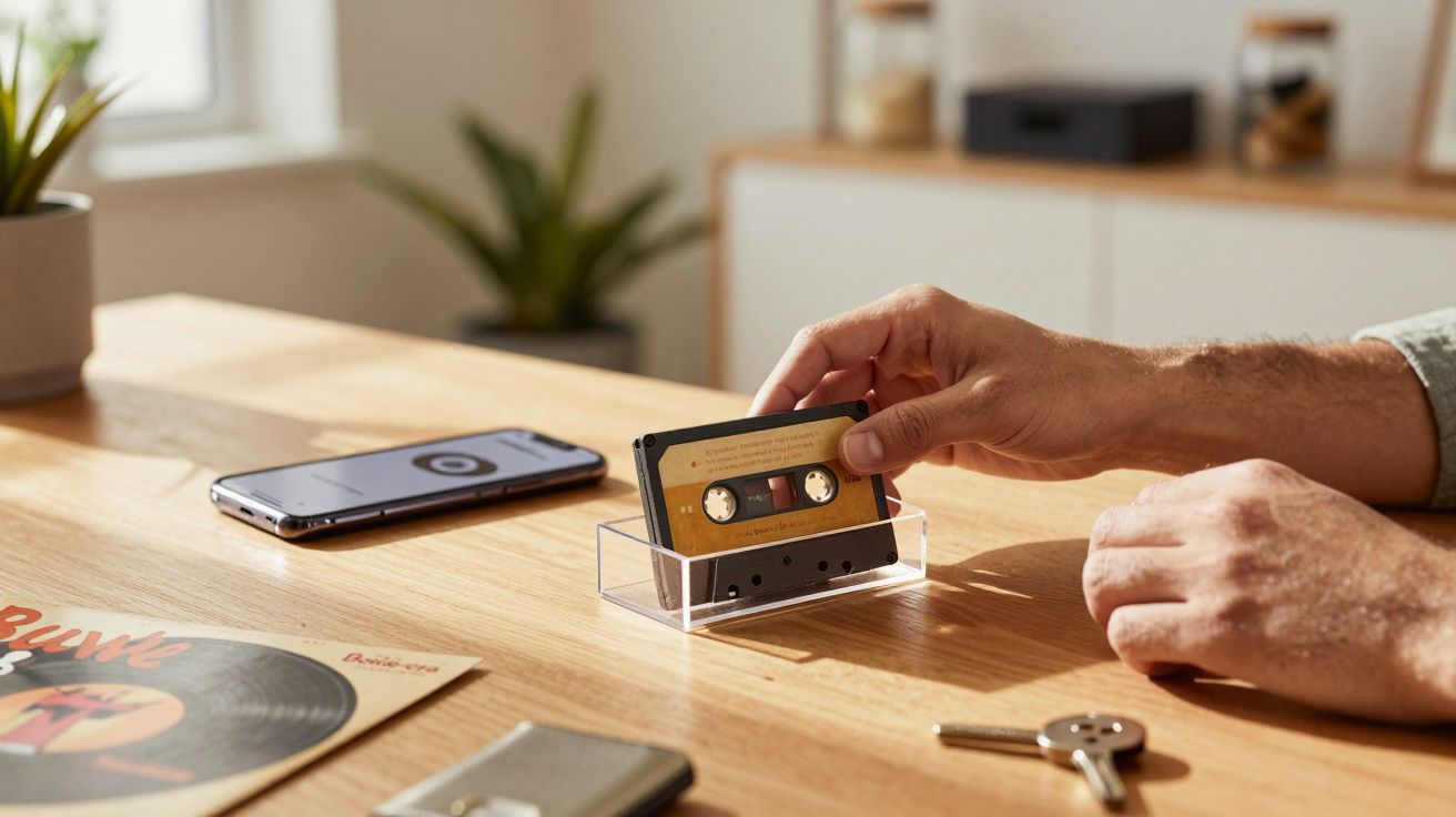 Mão segura uma cassete sobre uma mesa de madeira com telemóvel, chaves e revista ao redor.