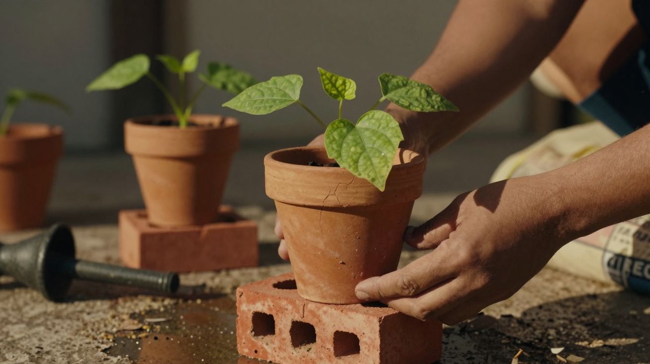 Pessoa a plantar muda verde em vaso de barro sobre tijolo, com mais plantas em foco.