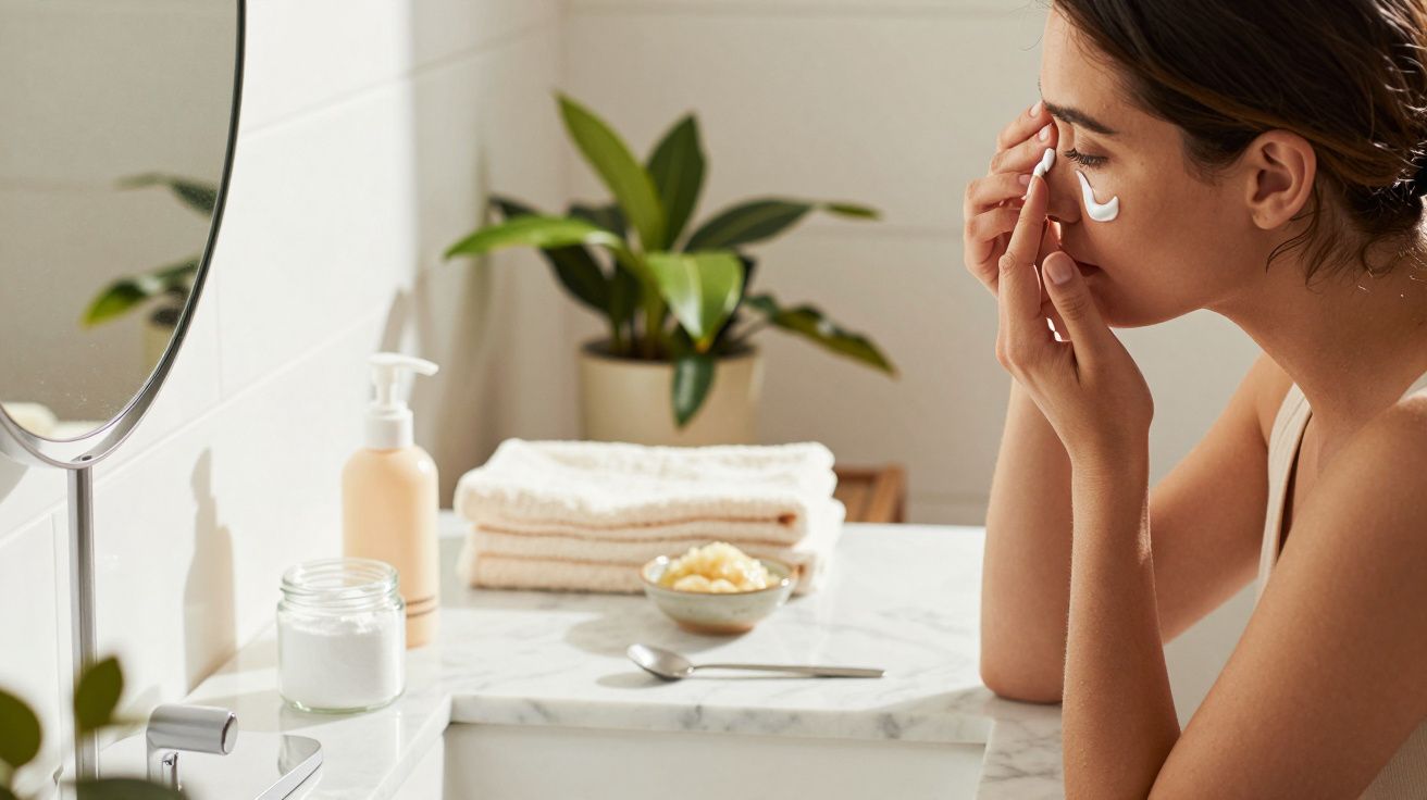 Mulher aplica creme no rosto em casa de banho iluminada, espelho ao lado, toalhas e planta ao fundo.