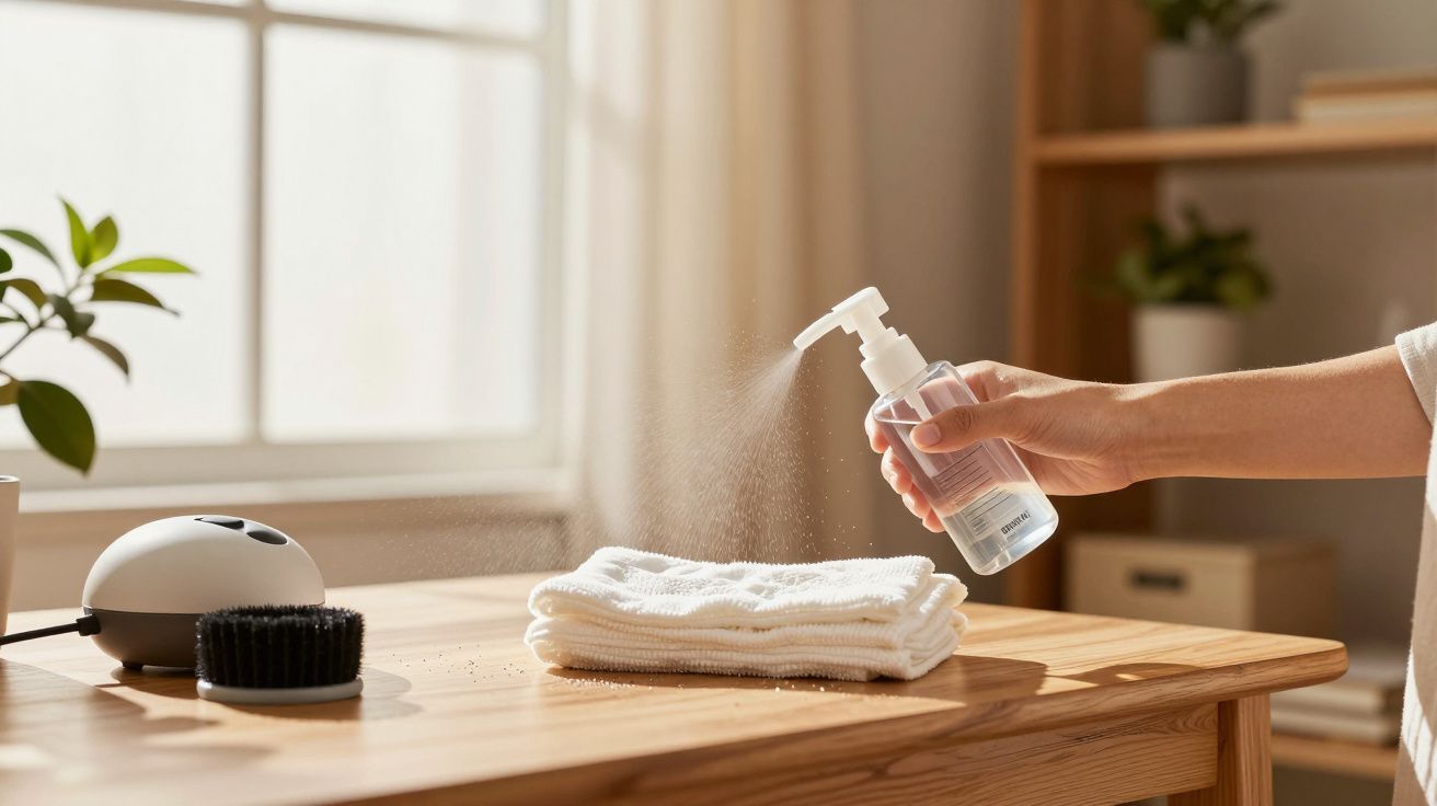 Mão borrifa líquido em toalhas brancas dobradas sobre mesa de madeira, com escova e plantas ao fundo.
