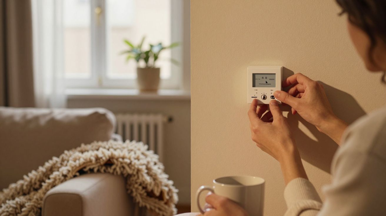 Pessoa ajusta termóstato na parede, segurando uma chávena, num ambiente acolhedor com sofá e manta.