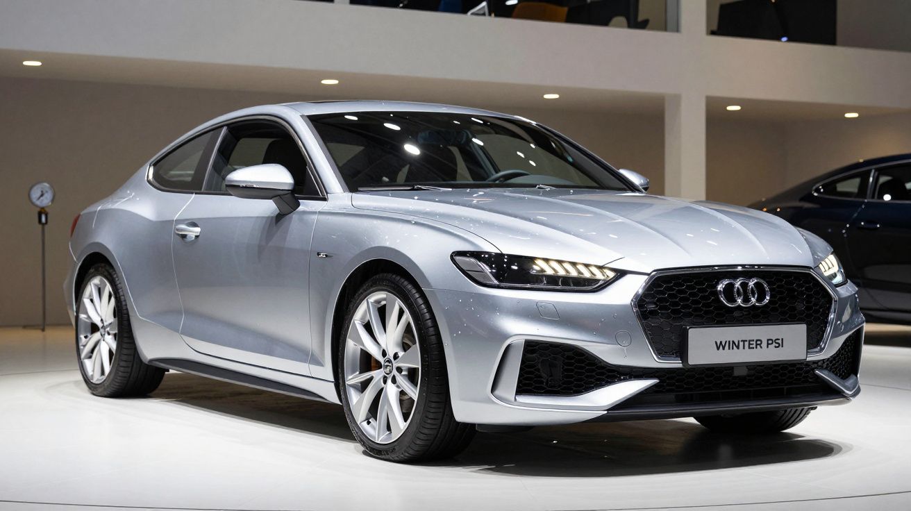 Carro desportivo prateado exibido em showroom, com design elegante e faróis LED acesos.