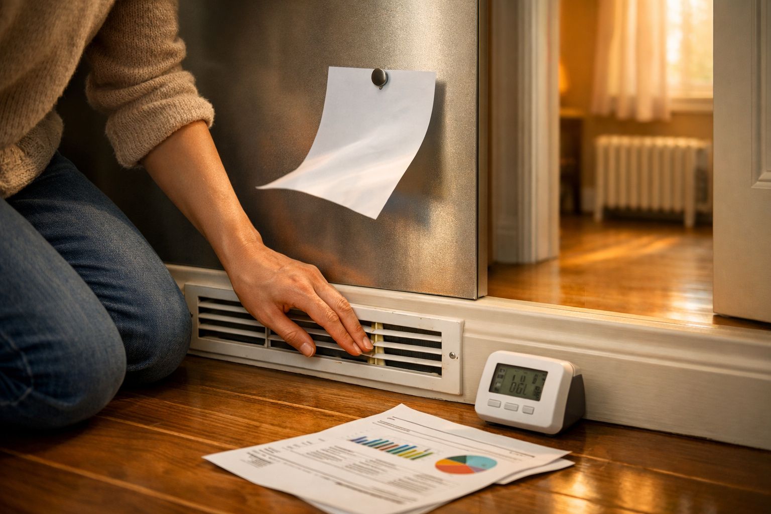 Mão ajusta ventilação, termómetro digital marca 22,5°C. Papéis com gráficos no chão em sala iluminada pelo sol.
