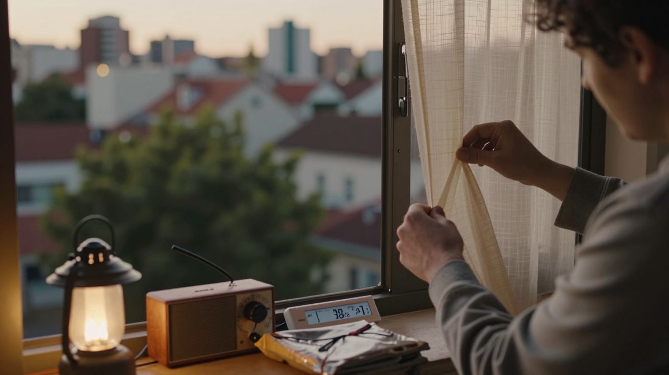 Pessoa a abrir cortina junto a uma janela, com uma lâmpada e rádio numa mesa; paisagem urbana ao fundo.