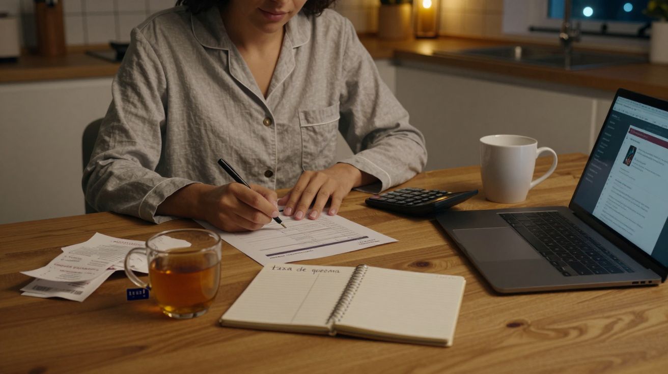 Pessoa de pijama revê documentos na mesa com computador portátil, calculadora e chá na noite iluminada pela cozinha.