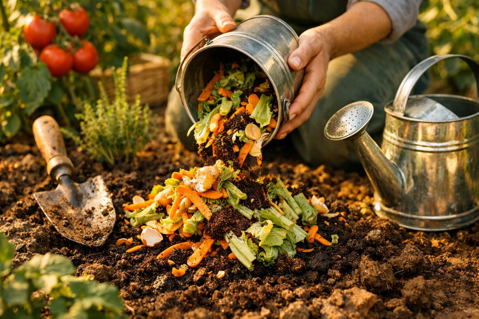 Homem a cuidar de uma horta elevada em madeira, com variedades de plantas e um balde de metal ao lado.