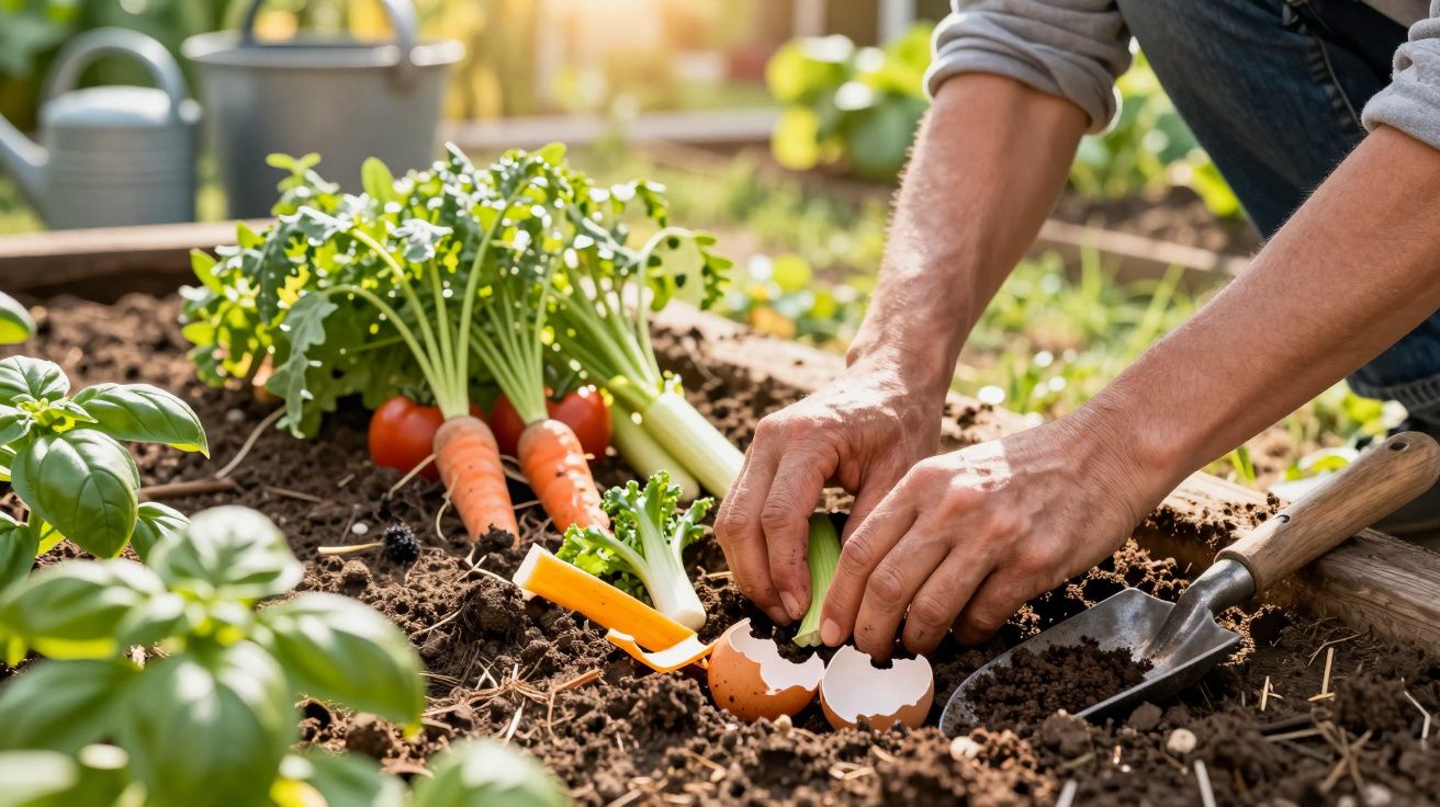 Mãos plantando vegetais num canteiro com cenouras e manjericão em sol radiante. Ferramenta e cascas de ovo ao lado.