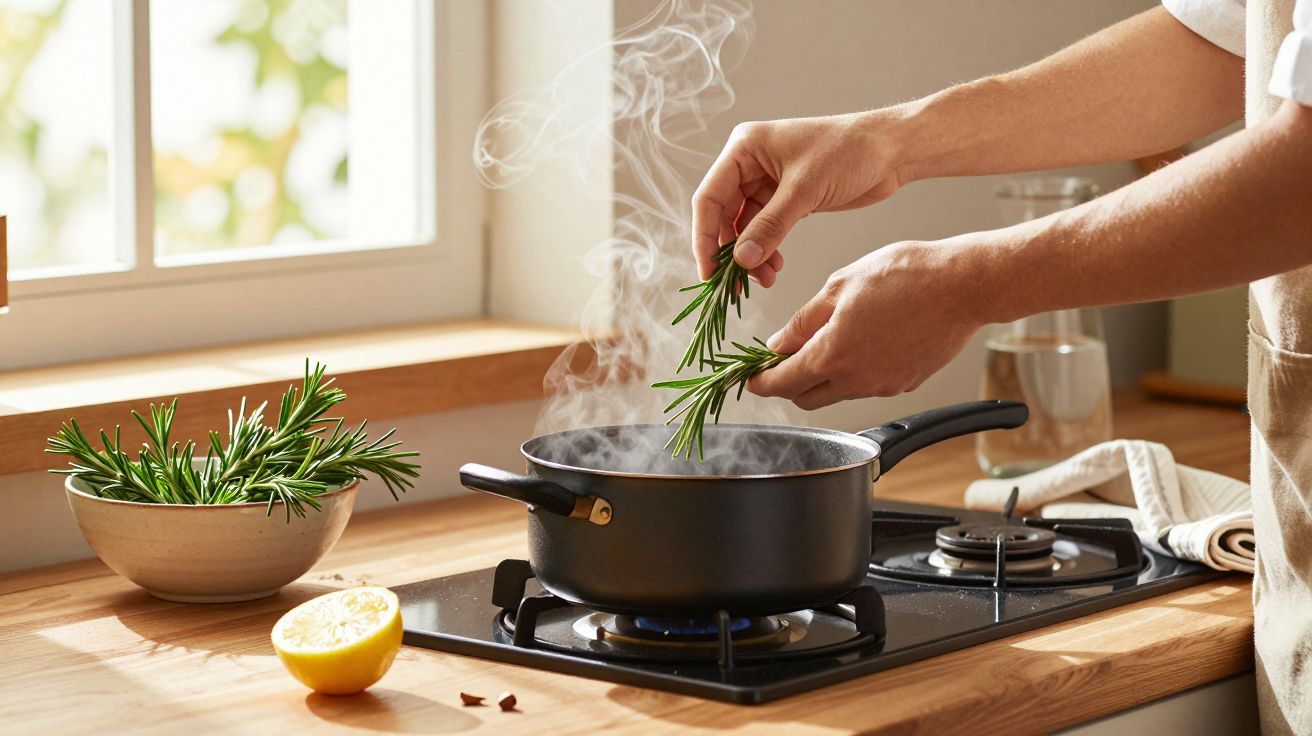 Pessoa adiciona alecrim a uma panela fumegante no fogão, com uma janela e uma tigela de alecrim ao fundo.