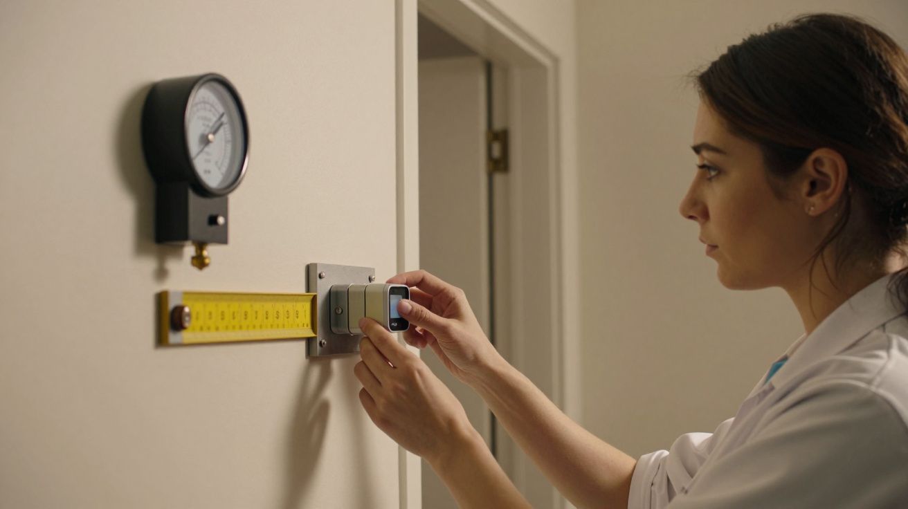 Mulher em bata de laboratório ajusta ferramenta de medição na parede ao lado de um medidor de pressão circular.