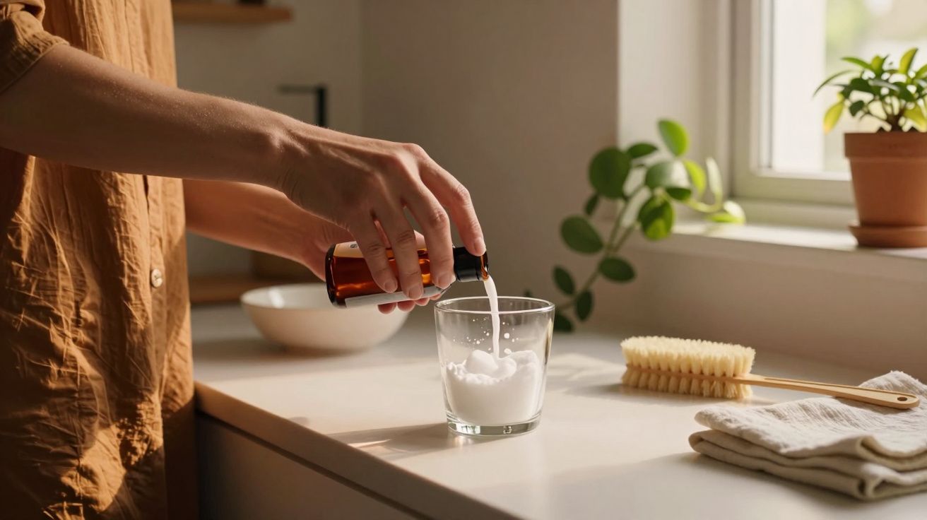 Pessoa a verter líquido num copo em cozinha iluminada, com planta e escova ao fundo.